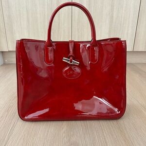 Longchamp Roseau Patent Red Leather Medium Tote Bag - Very Good Condition